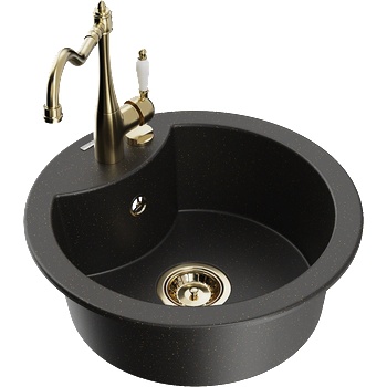 Mexen Diego еднокамерен гранитен мивка с кухненски смесител Carla, черен/златист металик - 6512-75-670700-50 (6512-75-670700-50)