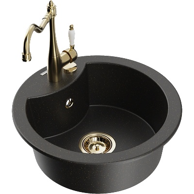 Mexen Diego еднокамерен гранитен мивка с кухненски смесител Carla, черен/златист металик - 6512-75-670700-50 (6512-75-670700-50)