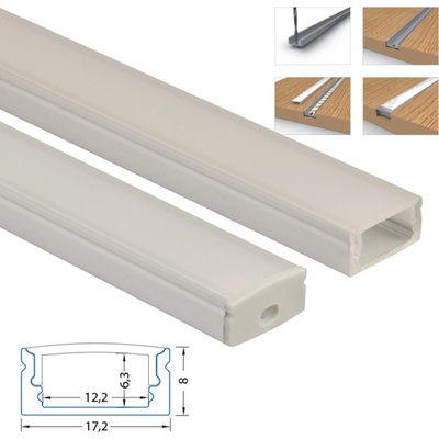 ML-761.002.43.1 Přisazený hliníkový profil PQ, 17x8 mm, matný difuzor, komplet, 1 m