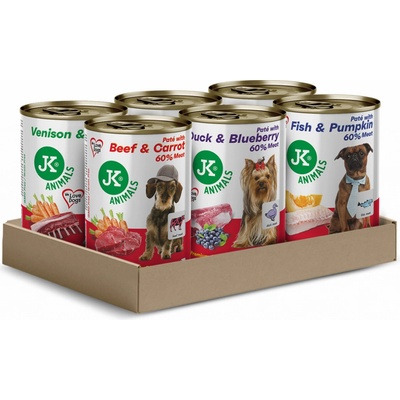 JK ANIMALS Premium Mix 60% Meat hovězí s mrkví kachní s borůvkami ryba s dýní zvěřina s mrkví krůtí s jablky 6 x 400 g
