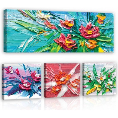 Postershop Obraz na plátně: Květiny malované - set 1ks 80x30 cm a 3ks 25,8x24,8 cm