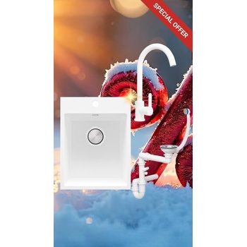 Твоят Стил Бяла кухненска гранитна мивка Рига 40 XL 380 x 500 мм, Смесител 5600, Сифон