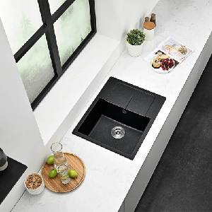 Inter Ceramic Композитна кухненска мивка Inter Ceramic, черен гранит, 62x50 см, с отцедник (8220BLACK) Мивка за вграждане