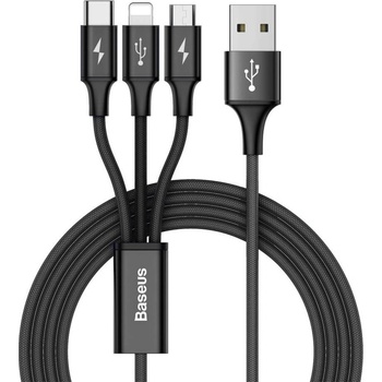 Baseus Кабел Baseus Rapid 3-in-1 USB Cable (CAMLT-SU01), от USB-A(м) към USB-C/Lightning/microUSB(м), 1.2m, 15W, черен (CAMLT-SU01 / 50940)