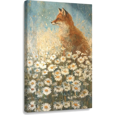 Obraz líšky v poli margarét na plátne – s ručne maľovanými detailmi - 80x120 cm