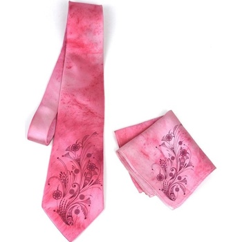 Hodvábna kravata + vreckovka Prírodný ľudový motív ružová