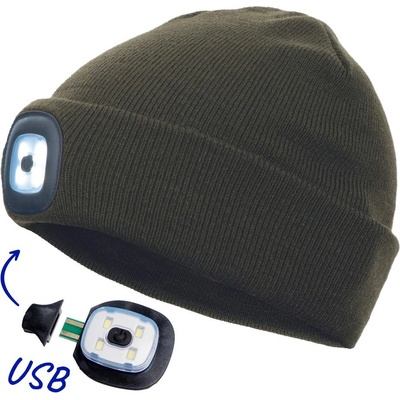 DEEL pletená čepice s integrovanou LED lampou tmavě olivová
