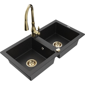 Mexen Mario гранитна мивка с две камери със смесител Savita, черен/сребърен металик - 6504-73-672601-50 (6504-73-672601-50)