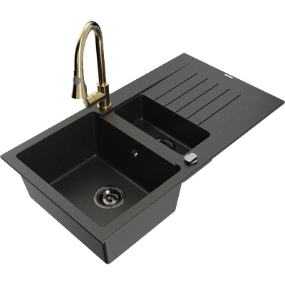 Mexen Matias гранитна мивка 1, 5-камерна с отцедник и кухненски смесител Elia, черен/златен металик - 6502-75-670101-50-B (6502-75-670101-50-B)