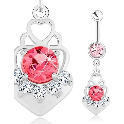 Šperky eshop piercing do pupíku ocel růžový zirkon srdcovité obrysy čiré zirkonky SP25.22