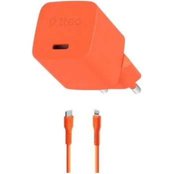 Ttec Зарядно 220V ttec SmartCharger GAN 20W PD Travel Fast Charger + USB-C - Lightning Cable 120cm, Neon Orange