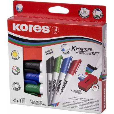 Popisovač KORES K-MARKER na biele tabule a flipcharty, SET 4 farieb + magnetická hubka (20863)