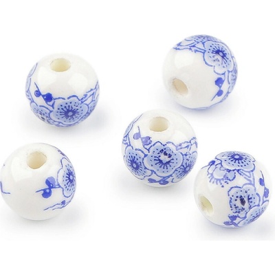 Porcelánové korálky s květy Ø10 mm, velké, 3 modrá květ