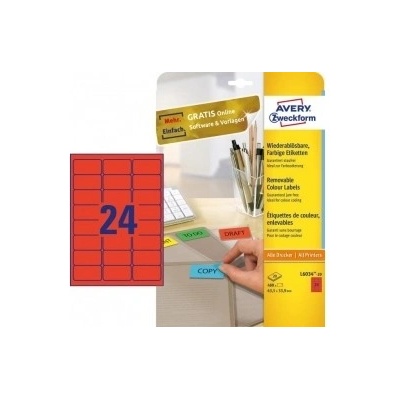 Etikety Avery odnímateľné 63,5x33,9 mm, červené