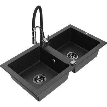 Mexen Mario кухненска мивка от гранит с 2 отделения и кухненски смесител Aster, черен/сребрист металик - 6504-73-73450-07-B (6504-73-73450-07-B)
