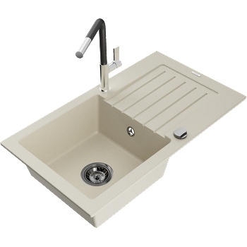Mexen Pablo гранитна кухненска мивка с 1 отделение с отцедник и кухненски смесител Flora, бежов - 6510-69-670401-07-B (6510-69-670401-07-B)