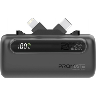 Promate Външна батерия ProMate, PowerUp-Duo. Black 5000mAh Mini Power Bank, 20W USB-C In/Out and Lightning folding Connectors, 20W USB-C In/Out Port, LED Battery Display - Черна (6959144066493)