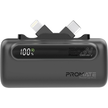 Promate Външна батерия ProMate, PowerUp-Duo. Black 5000mAh Mini Power Bank, 20W USB-C In/Out and Lightning folding Connectors, 20W USB-C In/Out Port, LED Battery Display - Черна (6959144066493)