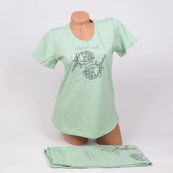 Image 1 of Дамска пижама със 7/8 панталон в зелено с роза