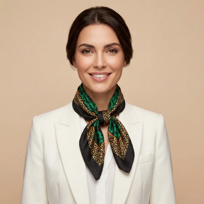 Classic Scarf květovaný šátek tmavě zelený, květy a leopardí lem čtvercový