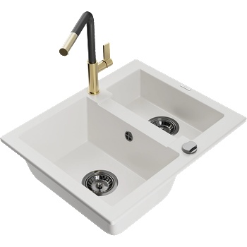 Mexen Carlos гранитна мивка с 1, 5 камери и кухненски смесител Flora, бял - 6518-20-670401-57-B (6518-20-670401-57-B)