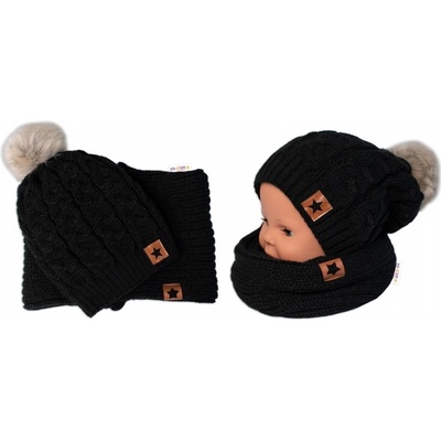 BABY NELLYS Zimní dvouvrstvá čepice s bambulí + komínek Star černá