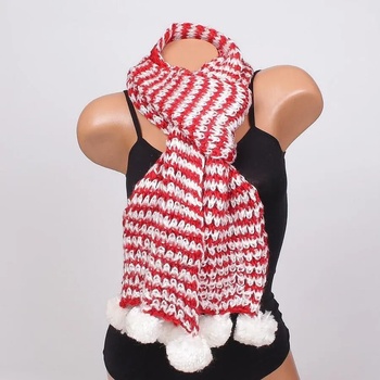 Image 1 of Плетен шал в червено и бяло с помпони