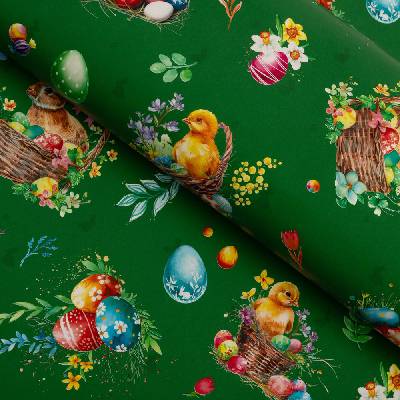 PVC obrus Veľkonoční zajkovia a kuriatka v košíčkoch na zelenom PV-164 - metráž š. 140 cm