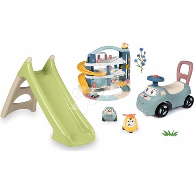 Smoby Set šmykľavka s vodnou hrou a odrážadlo a chodítko XS Slide Green Life dĺžka šmyku 90 cm a garáž s autíčkom a helikoptérou