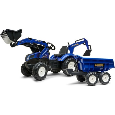 Falk Traktor šlapací New Holland T modrý s přední i zadní lžící a přívěsem