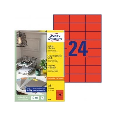 Etikety farebné 70x37mm Avery A4 100 hárkov červené