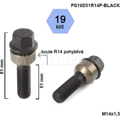 Kolový šroub M14x1,5x51 koule R14 pohyblivá, černý, klíč 19, výška 81