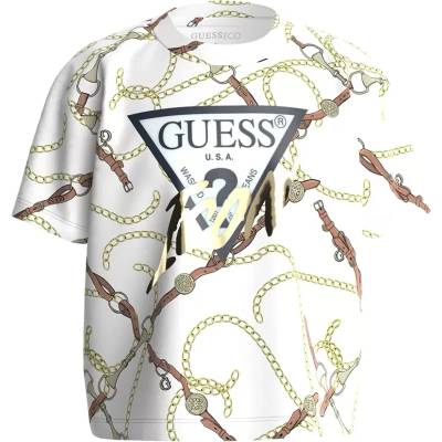 GUESS Къса тениска за момиче в бяло със златисти детайли Guess