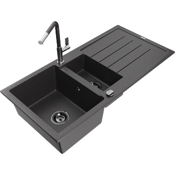 Mexen Andres гранитна мивка с 1, 5 камери, с отцедник и кухненски смесител Flora, черен на пръски - 6515-76-670401-08-B (6515-76-670401-08-B)
