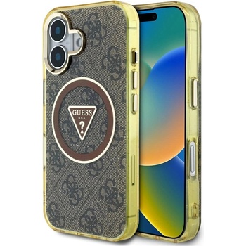 GUESS IML Metal Glitter 4G Circle Triangle MagSafe Case за iPhone 16 - кафяв