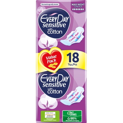 Everyday Sensitive Maxi Night Ultra Plus Дамски превръзки, 18 броя, Everyday