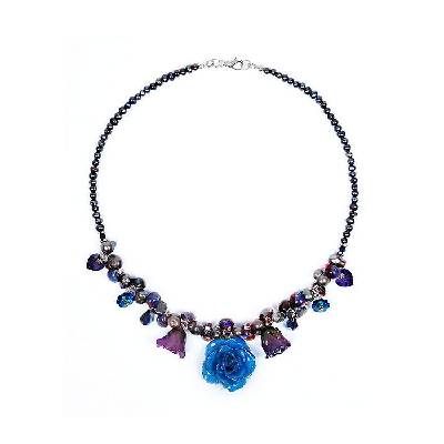 Колие с естествени рози, перли, мъниста и кристали Swarovski Blue Rose Dannyra Jewels