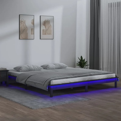 vidaXL Рамка за легло с LED осветление сива 160x200 см масивно дърво (820618)
