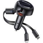YESIDO Автомобилно зарядно - Yesido Y61 - с 2× прибиращ се кабел Type-C/Lightning, USB-A, 53W - Черно