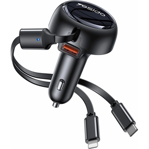 YESIDO Автомобилно зарядно - Yesido Y61 - с 2× прибиращ се кабел Type-C/Lightning, USB-A, 53W - Черно