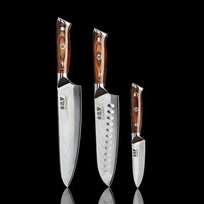 Gudaro-SADA Šéfkuchařský nůž FENG+Santoku kuchyňský nůž+ damaškový kuchyňský nůž GU0001+GU0002+GU0003