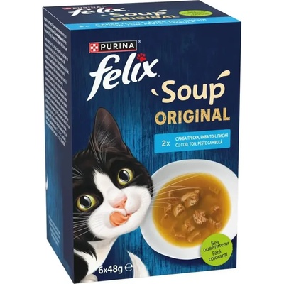 Purina Felix Soup Original Рибна Селекция - допълваща храна за котки с риба тон, треска и писия 6 х 48gr