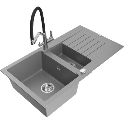 Mexen Matias гранитна мивка 1, 5-коморна с отцедник и кухненски смесител Duo, сив - 6502-71-671701-07 (6502-71-671701-07)