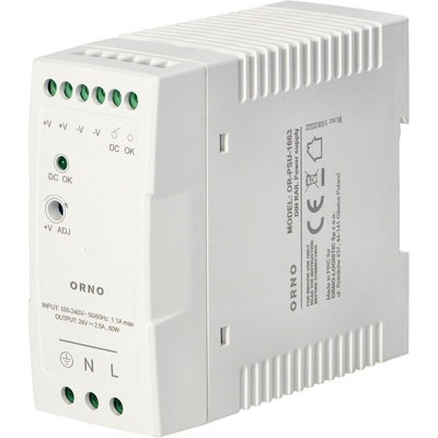 ORNO Priemyselný zdroj na DIN lištu, 24VDC, 2,5A, 60W, plastové puzdro