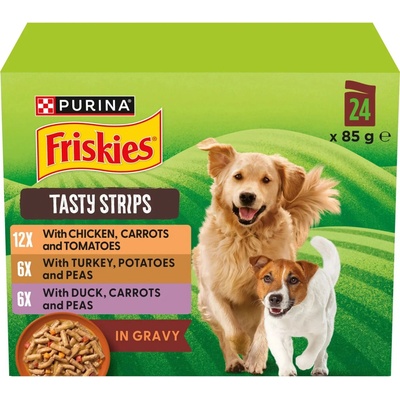 Friskies Tasty Strips kapsičky pre psov kuracie, krůta, kachna ve šťávě 24 × 85 g