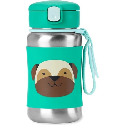 Skip Hop Spark Style Láhev s brčkem na vodu nerez Mopslík 12m+ 350 ml