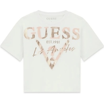 GUESS Бяла къса тениска за момиче с лъскав голям надпис и лого Guess
