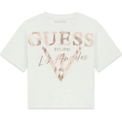 GUESS Бяла къса тениска за момиче с лъскав голям надпис и лого Guess