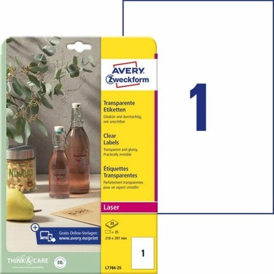 Etikety polyesterové 210x297mm Avery A4 25 hárkov priehľadné