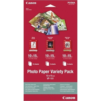 Canon Комплект фотохартия Canon Photo Paper Variety Pack 10x15cm VP-101, 10 x 15 cm, Glossy/Semi-glossy/High gloss, 1x10 + 2x5 листа (0775B078AA)